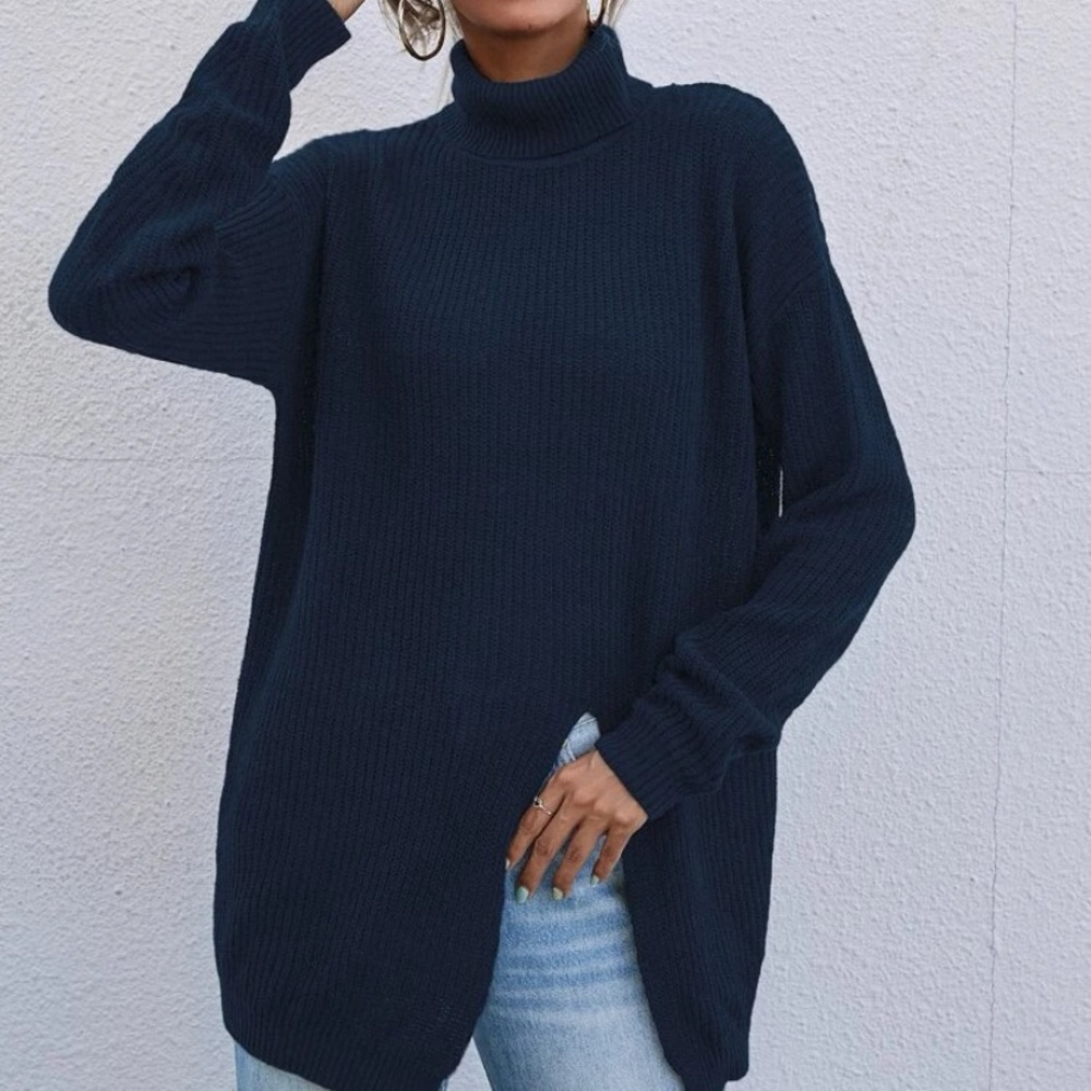 Turtleneck Drop Shoulder Slit Hem Sweater